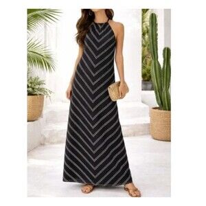 J Crew Black Chevron Linen Maxi Dress Size 0 Neutral Minimalist Resort Cruise